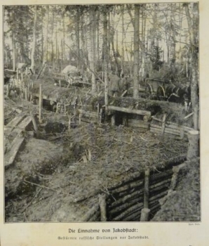 1917 - alter Druck - Die Einnahme von Jakobstadt: Gestürmte russische Stellungen vor Jakobstadt
